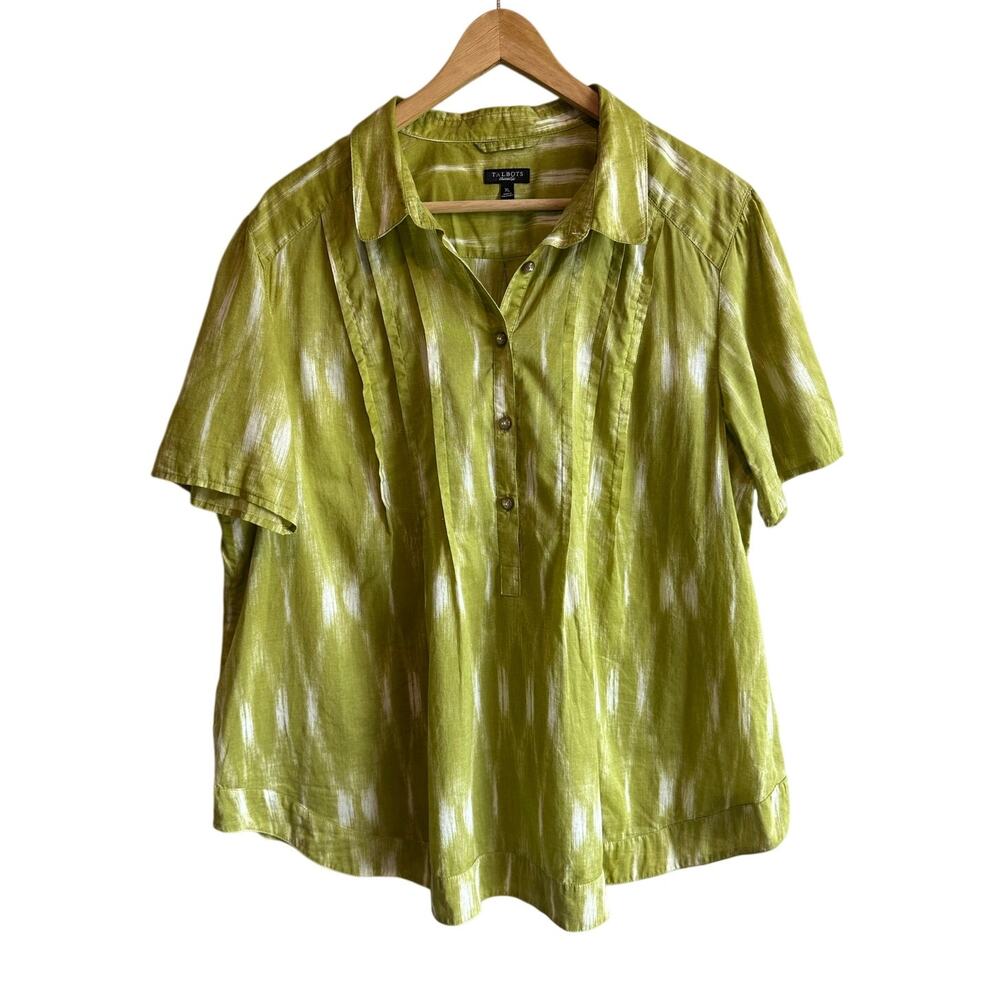 Talbots Popover Collared Short Sleeve Cotton Blouse Ikat Green XL